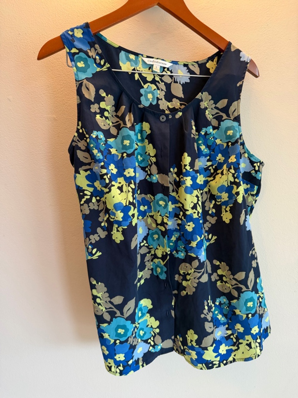 Croft & Barrow Womens Navy Blue Floral Sleeveless Button Front Blouse Size L